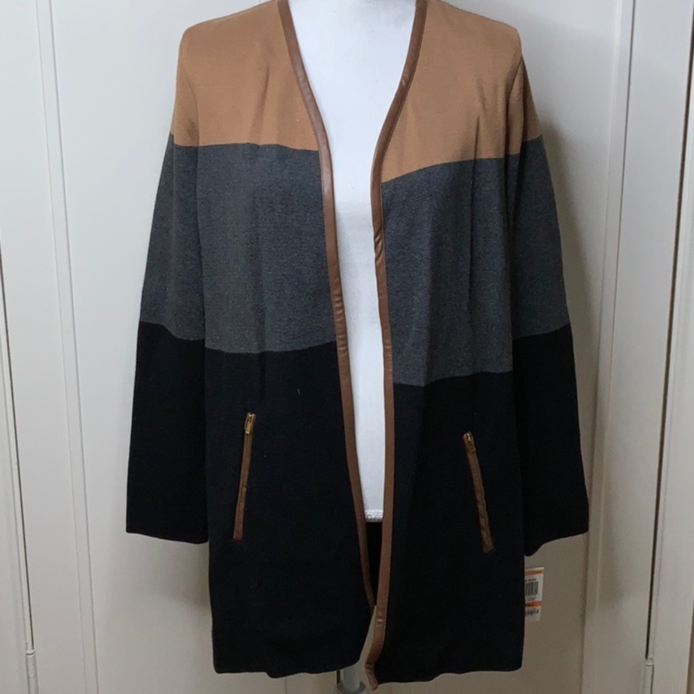 Cardigan: black, gray, brown with leather piping